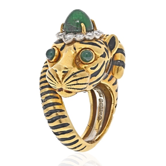 David Webb 18K Yellow Gold Green Emerald Tiger Ring - Picture 1 of 5